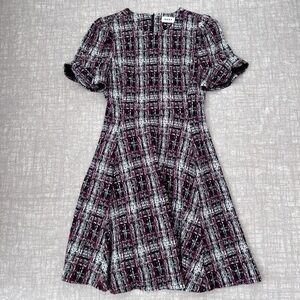 DKNY black purple white tweed textured fit and flare short sleeve dress size 4